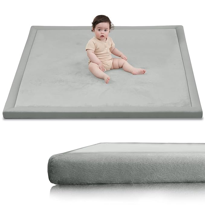 Baby Play Mat for Floor,1.3" Thick Elasti-Foam 50x50 Playpen Mat for Toddlers Infant Kids,Water-Repellent Soft Coral Velvet Tummy Time Mat,Non Slip Crawling Mat,Tatami Mat(Light Grey)