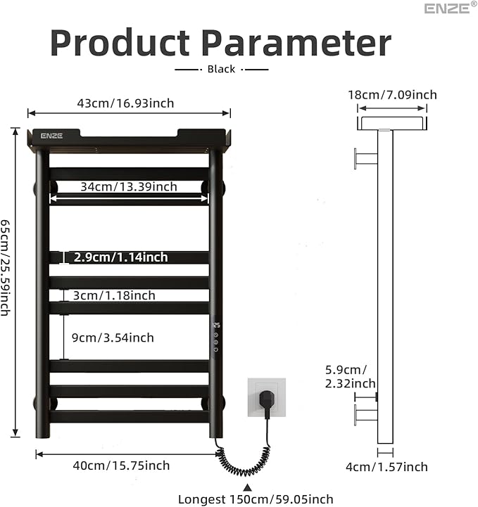 ENZE Heated Towel Rack with Shelf and Wi-Fi App Control, 8 Bars Electric Wall Mounted Towel Warmer with Timer & Adjustable Temperature, Low Carbon Steel, Plug-in/Hardwired, Matte Black