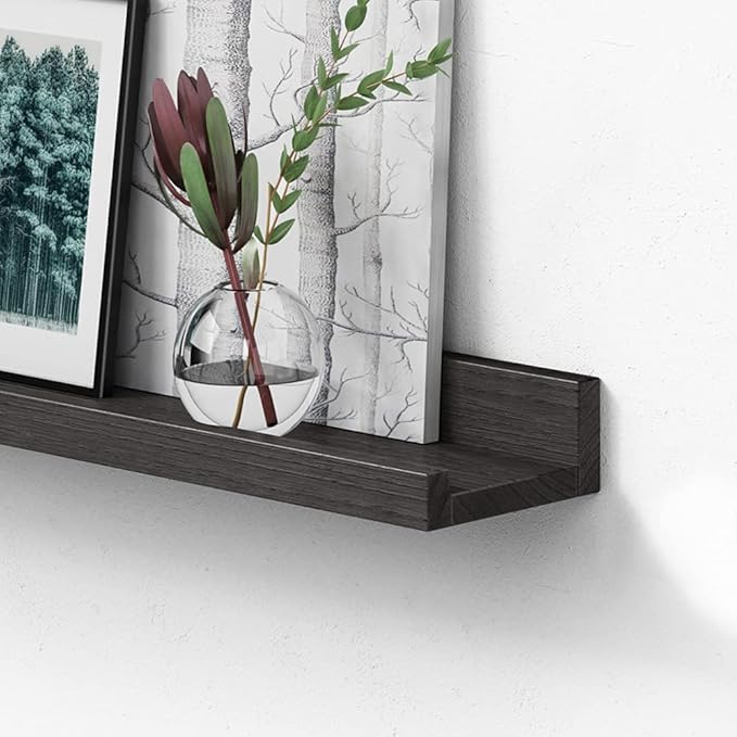 Forbena 24 Inch Long Picture Ledge Shelf Set of 4, Black Wood Floating Shelves for Wall with Lip, Rustic Display Shelves for Living Room Hallway Bedroom Office Photo Frames Bathroom Nail Polish