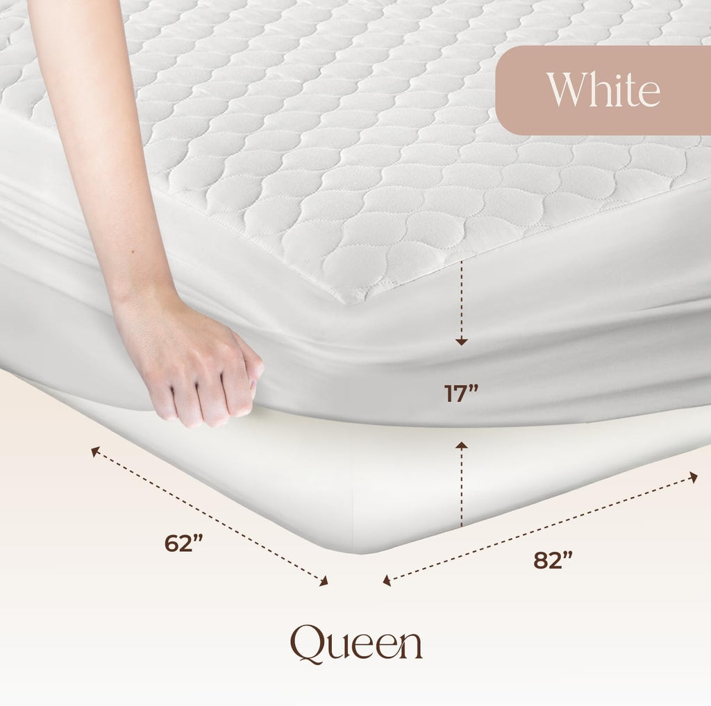 100% Cotton Organic Mattress Pad - Breathable & Cooling Mattress Protector Queen Size - Premium 300GSM Quilted and Noiseless Machine Washable Organic Mattress Protector (White, Queen)
