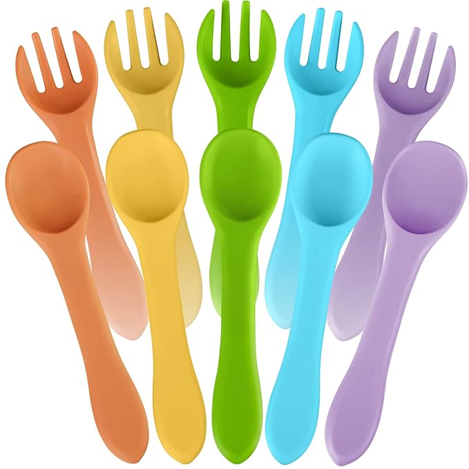 10 Pieces Baby Led Weaning Spoons and Forks Set Infant Silicone Spoon First Self Feed Baby training Utensils for Toddler First Stage Feeding Supplies for Kids Over 6 Months, 5 Pairs(Fresh Colors)
