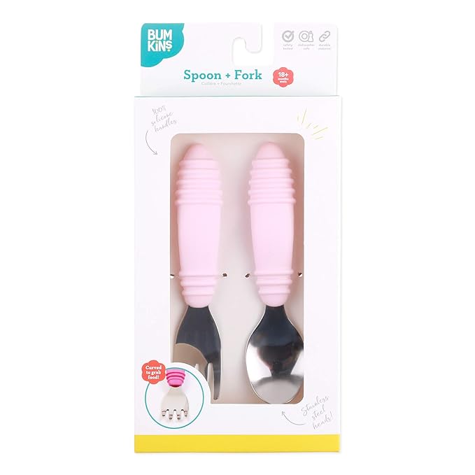 Bumkins Toddler Utensils, Kids Fork and Spoon Set, Silicone and Stainless-Steel Silverware, Angled Forks / Sporks for Self-Feeding, Children Training Flatware Cutlery for 18 Months Up, Pink