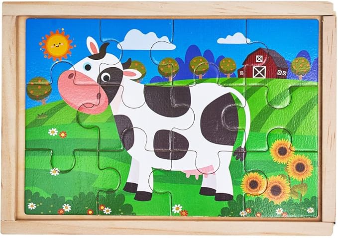 OLYDAUS Wooden Jigsaw Puzzles - Farm and Wild Animals - Set of 8 Puzzles - Preschool Kids and Toddlers Age 3 4 5