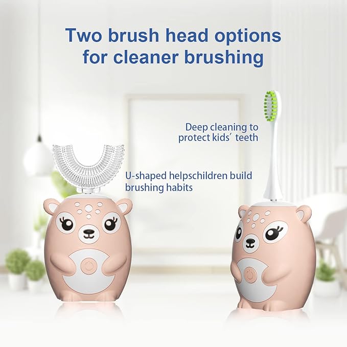 Kids Electric Toothbrushs U Shaped sonic Automatic Toothbrush with 4 Brush Heads, Six Cleaning Modes,Cartoon deer Modeling , full mouth toothbrush for baby