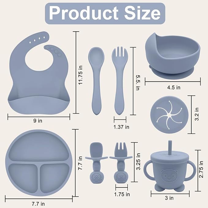 Silicone Baby Feeding Set | Baby Led Weaning Supplies Includes Suction Bowls and Divided Plates, Adjustable Bib, Baby Utensils Spoons and Forks,Cup | Baby Feeding Essentials (Blue Gray)