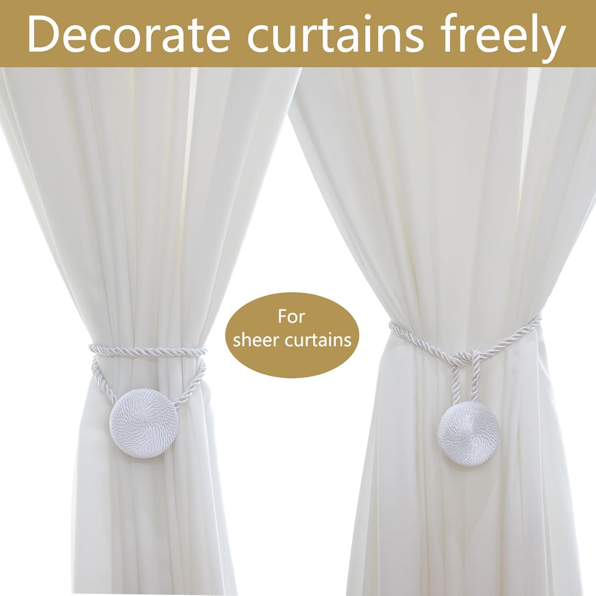 Magnetic Curtain Tiebacks - 12mm Magnetic Tie Backs for Curtains, Heavy Duty No Drill Curtain Holdbacks for Home/Office Windows Drapes, Elegant Gift-Ready Design 7 Colors (2, White)