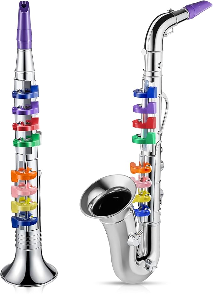 Amylove Set of 2 Musical Instruments for Kids Including Toy Saxophone and Kids Clarinet Plastic Toy Instruments Saxophone Clarinet with 8 Colored Keys Educational Home School Music Gift(Silver)