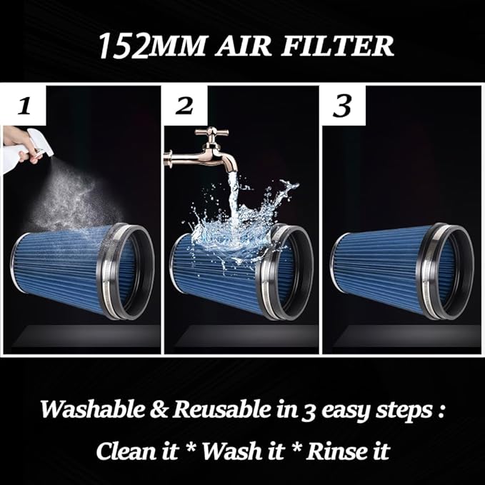 6" Inlet Cold Air Intake Filter Cone Replacement Performance Washable Clamp-On Dry Air Filters Blue (8" Tall)