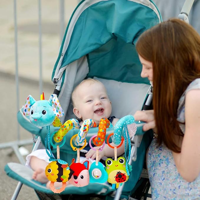 Stroller Toys, Car Seat Toys for Babies Infants 0-6 Months, Activity Spiral Plush Hanging Toy Gift for Baby Boys and Girls 0 3 6 12 Months Newborn Sensory Toy with Rattles Squeaker Music -Blue