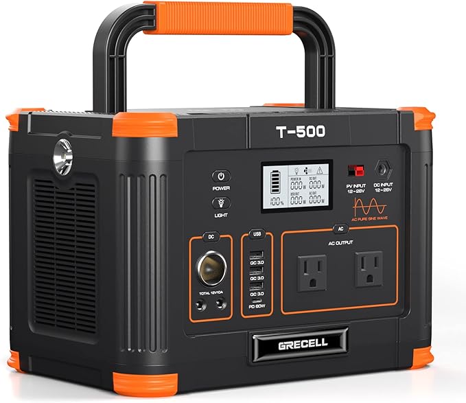 Portable Power Station 500W(Peak 1000W), 519Wh Outdoor Solar Generator Backup Battery Pack with 2 110V AC Outlets, 500W 10-Port Powerhouse for RV/Van Camping Fishing Climbing Road Trip Home Emergency