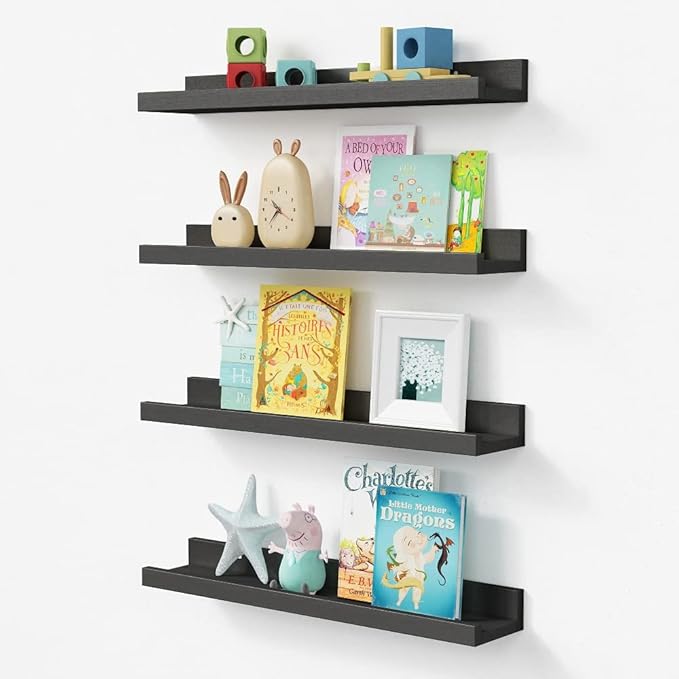 Forbena 24 Inch Long Picture Ledge Shelf Set of 4, Black Wood Floating Shelves for Wall with Lip, Rustic Display Shelves for Living Room Hallway Bedroom Office Photo Frames Bathroom Nail Polish