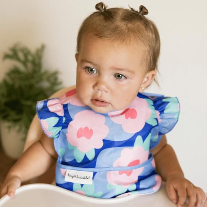 Tiny Twinkle Mess Proof Baby Bibs for Eating - Waterproof, Wipeable Bibs - Toddler Bibs - Travel Friendly - PFAS, PVC, BPA, Phthalate Free - Baby Food Bibs(3 Pack,Blue Floral)