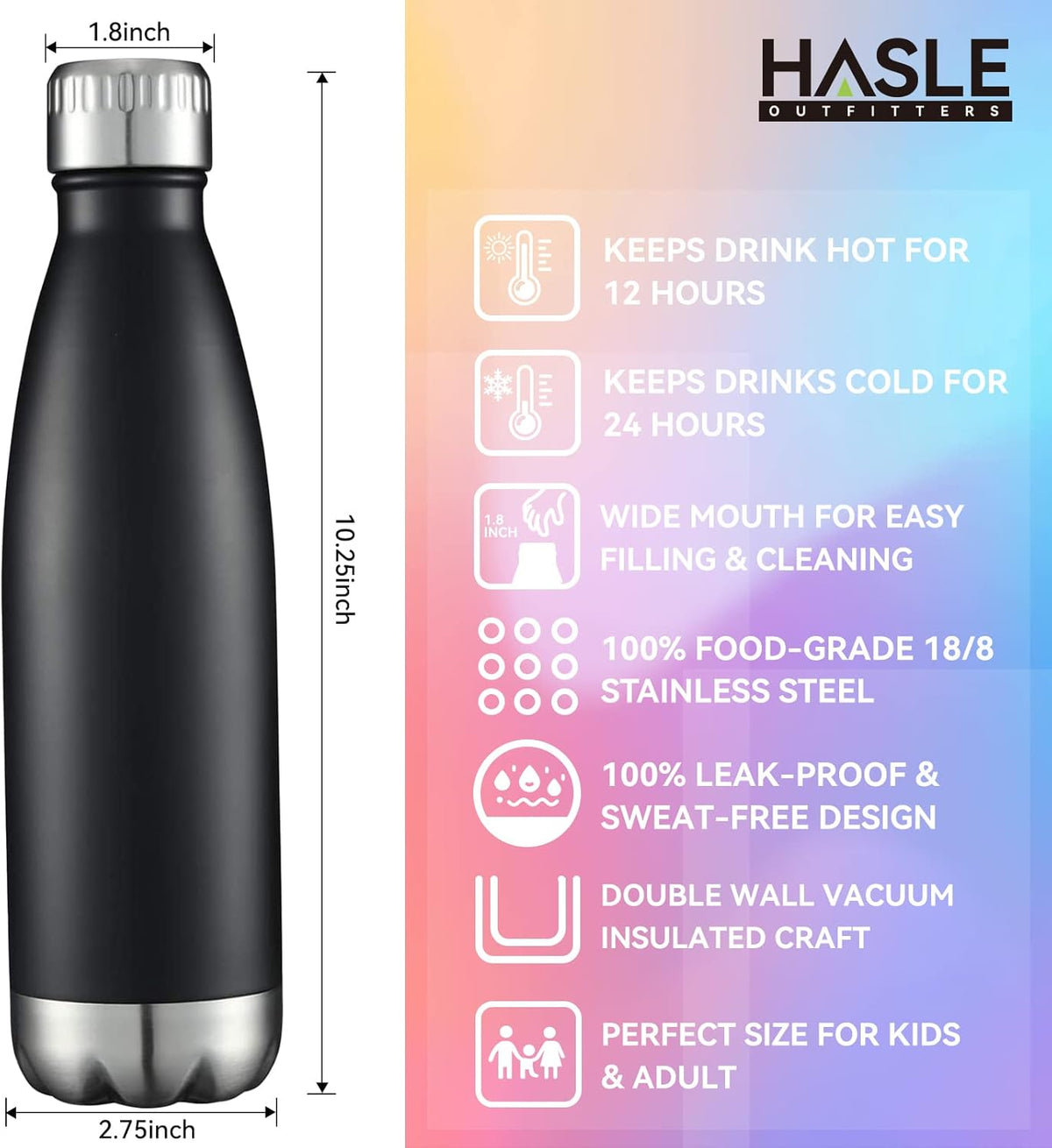HASLE OUTFITTERS 17oz Stainless Steel Water Bottles, Vacuum Insulated Water Bottles Double Walled Reusable Metal Sports Water Bottles Keep Drinks Hot and Cold, Black, 1Pack