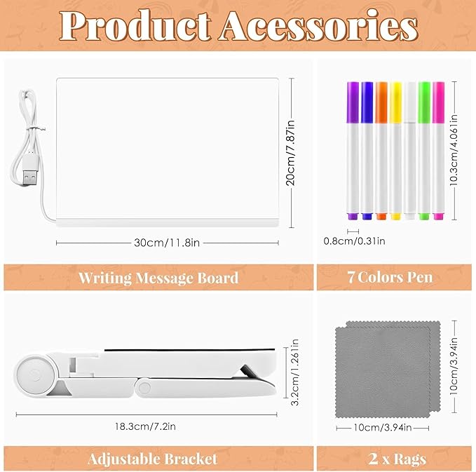 LED Note Board with Colors, Acrylic Dry Erase Board with Light,Stand as a Glow Memo Letter Board Note Glass Led White Board with 7 Pen for Office School Home (11.8 * 7.9in)