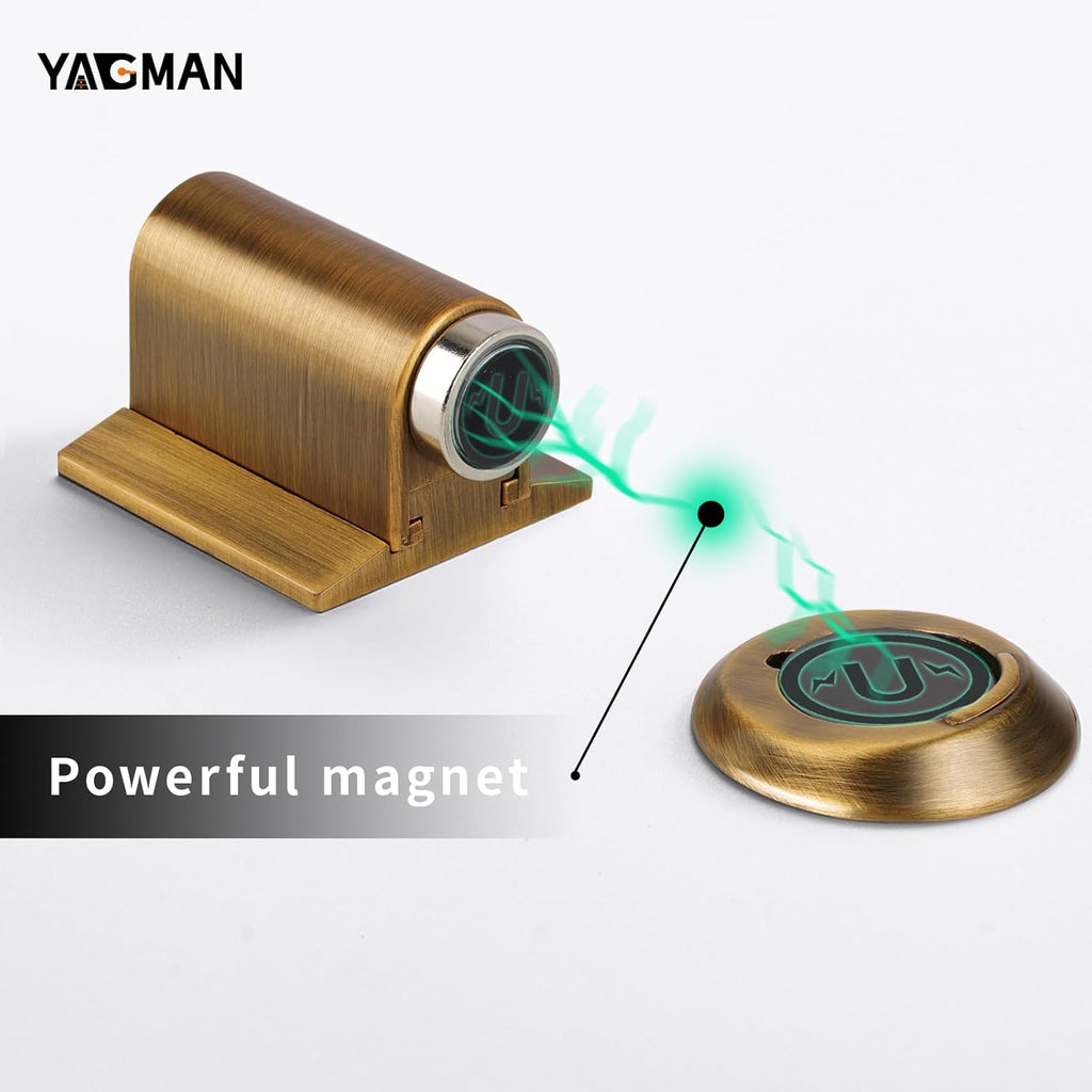 1 Pack Magnetic Door Stoppers Retractable Bottom of Door Holder No Drilling Mount Floor Door Stop with Screws and Adhesive Catch Door Keep Door Open Antique Brass AB-1