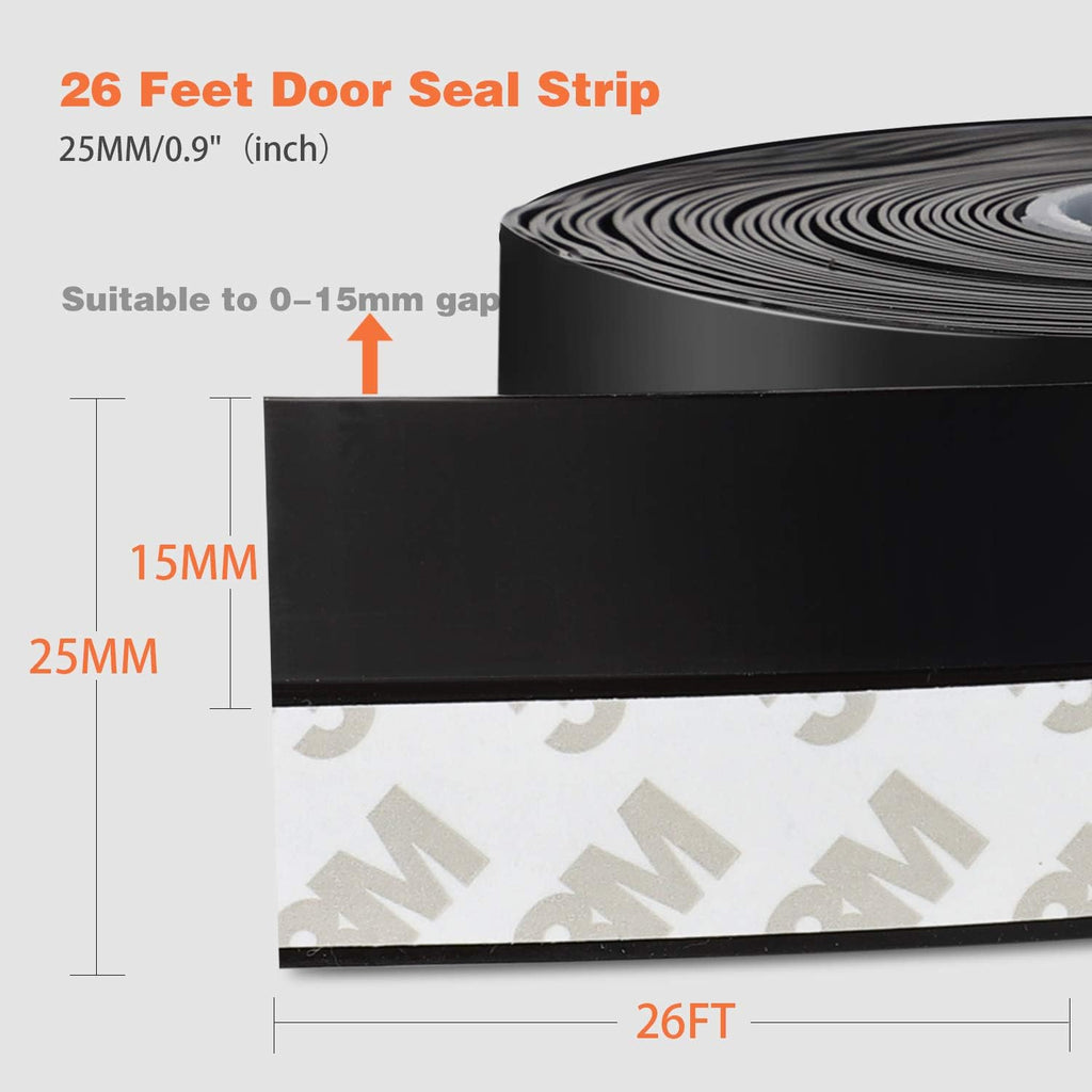 26 Feet Silicone Seal Strip, Weather Stripping Seal Tape for Door, Window & Shower Glass Gaps (Black, 25MM)