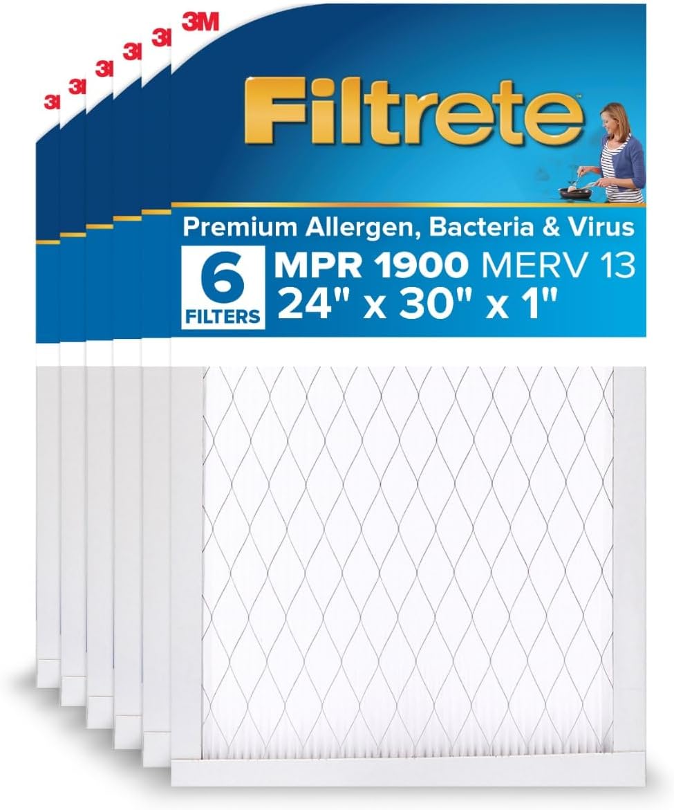 Filtrete 24x30x1 AC Furnace Air Filter, MERV 13, MPR 1900, Premium Allergen, Bacteria & Virus Filter, 3-Month Pleated 1-Inch Electrostatic Air Cleaning Filter, 6-Pack (Actual Size 23.81x29.81x0.78 in)