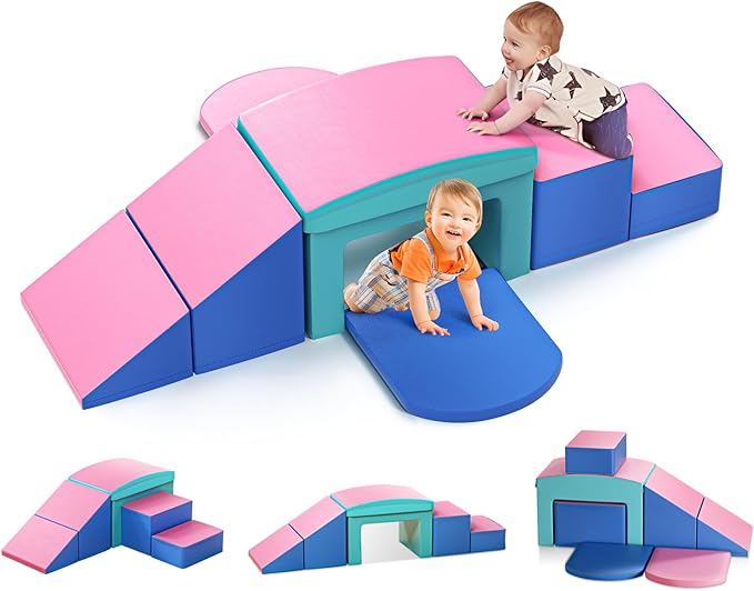 Lischwert Foam Climbing Blocks for Toddlers, Toddler Climbing Toys Indoor with Slide Stairs and Ramp Soft Play Climbing for Toddlers, 6 Pieces
