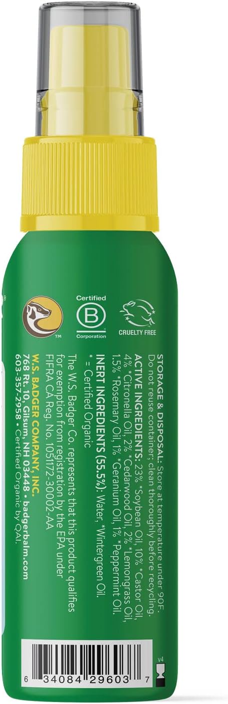 Badger Bug Spray Travel Size, Family Friendly All Natural Mosquito Repellent w/Organic Essential Oils, Smells Great, 3 Hours Effective, Deet-Free, Vegan, Travel Insect Repellent, 2.7 fl oz