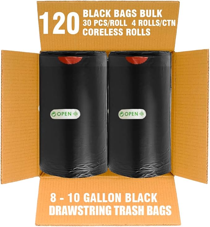 8-10 Gallon Trash Bags Drawstring, 120 Count Bulk, Black & Unscented Multi-purpose Garbage Bags for Business Home Bathroom Kitchen Commercial and Industrial