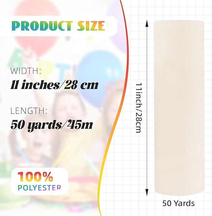 Crystal Organza Fabric Tulle 11 Inch by 50 Yards Sheer Tulle Rolls for DIY Craft Wedding Party Baby Shower Decor Gift Wrapping Party Supplies (Ivory)