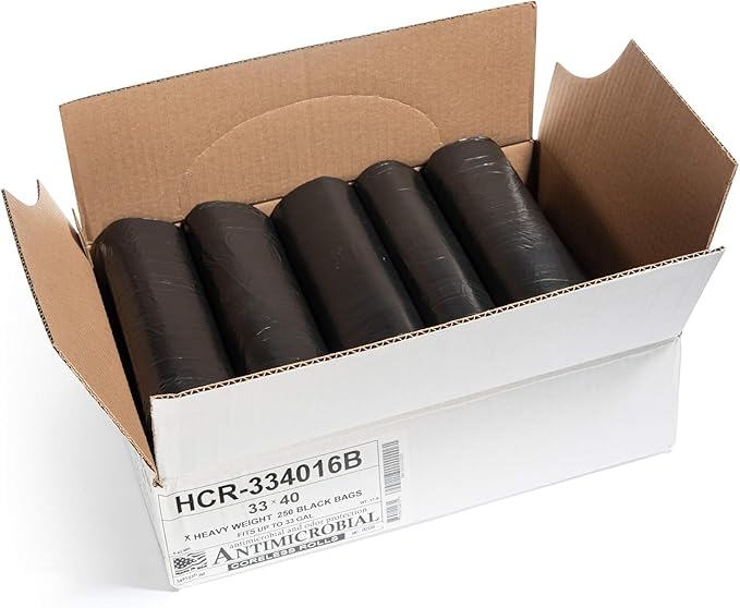 Aluf Plastics High Density Trash Bags, 33 Gallon, 250 Count, 16 Micron (eq), 33" x 40", Black, for Bathroom, Office, Industrial, Commercial, Janitorial, Municipal, Recycling