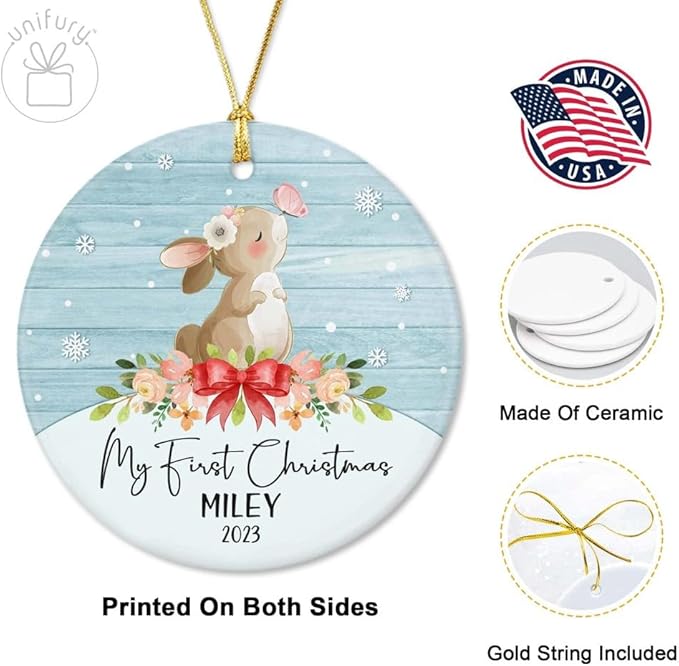 Unifury Personalized Baby First Christmas Ornament 2024, Adorable Keepsake for Babies First Christmas Tree, Holiday Decor for Celebrating Ceramic Babys 1st Christmas Ornament 2024, Animal Baby