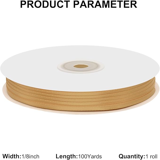 1/8" X 100 Yards Old Gold Satin Thin Ribbon Solid Color Double Faced Ribbons Perfect for Crafts Wedding Decor Bow Making Arts Sewing and More