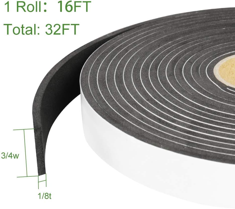 2 Rolls Foam Seal Tape for Door Window Seal Insulation, 3/4in Wx1/8in T Soundproof and Shockproof Weather Stripping, Single Sided Door Seal, Cold Air and Draft Closed Cell Seal Strip, Single 16FT