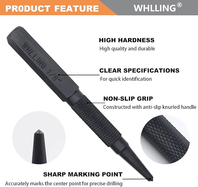 4-Piece Nail Setter Punch and Center Punch Set, Made of High Quality Metal Material with Knurled Grip Includes 1/32", 1/16", 3/32", 1/8" Black-Finished Nail Set