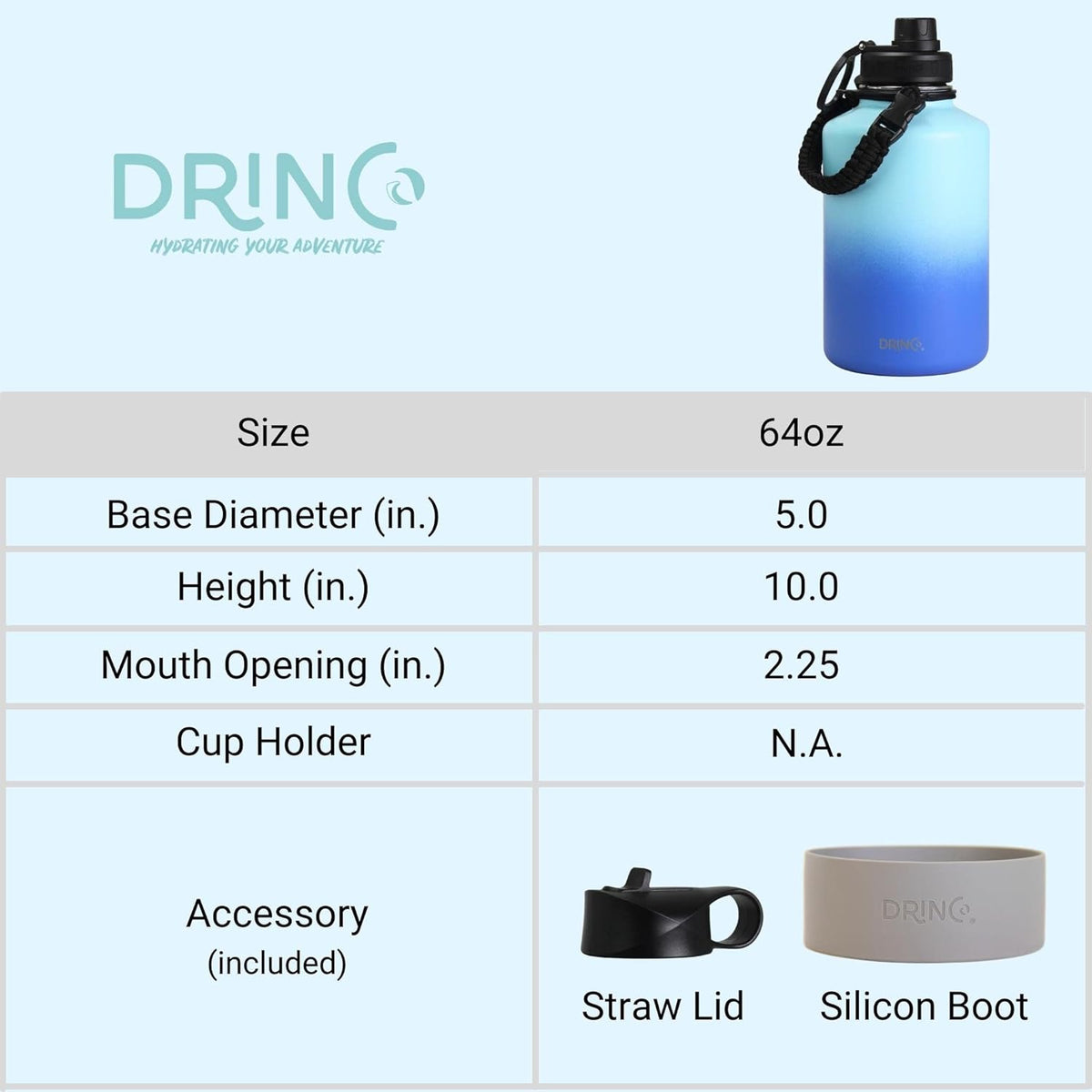 DRINCO Stainless Steel Water Bottle Spout Lid Vacuum Insulated Double Wall Water Bottle(64oz 40oz 32oz 22oz 18oz 14oz) Leak Proof Keep Cold Sport Camping Hiking (64 oz, 64oz Morning Sky Blue)