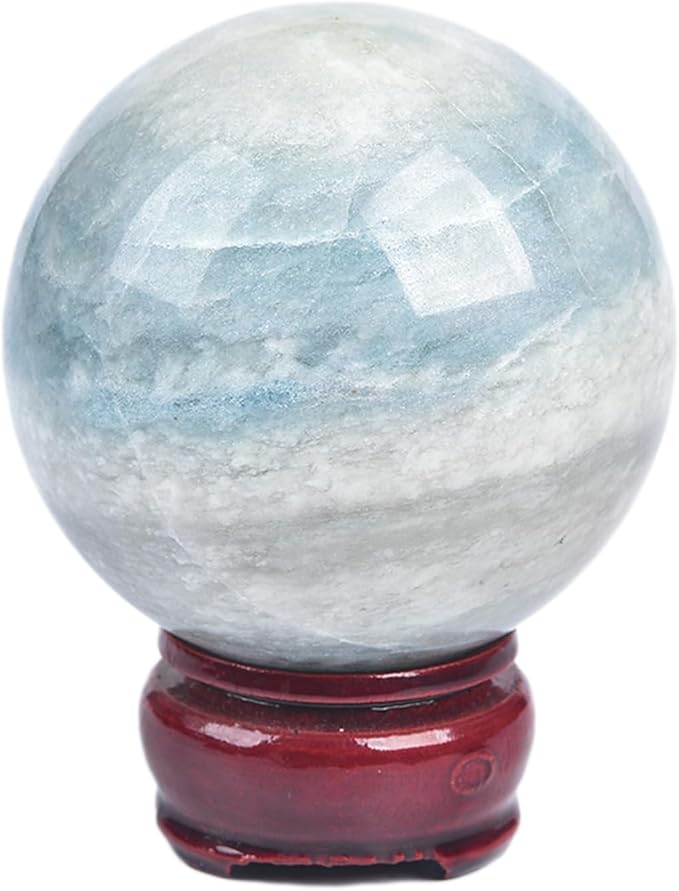 JIC Gem Natural Trolleite Crystal Ball Sphere Blue Healing Crystal Gemstone Ball with Display Stand Home Decor Meditation Grid Energy Balance (50-60mm)