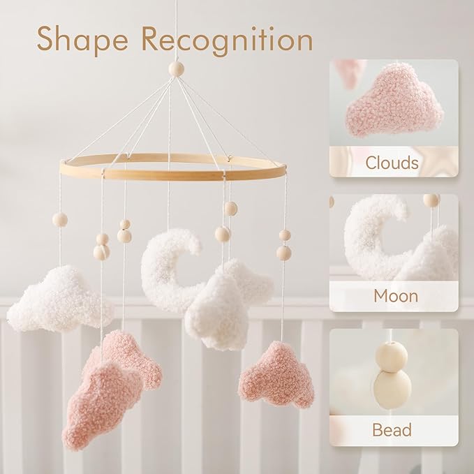 EERKEOD Baby Crib Mobile Bunny Nursery Mobile for Boys Girls Teddy Velvet Mobile Nursery Decor for Infant Bedroom Hanging Baby Mobile for Bassinet Newborn Baby Gift（Pink Clouds）