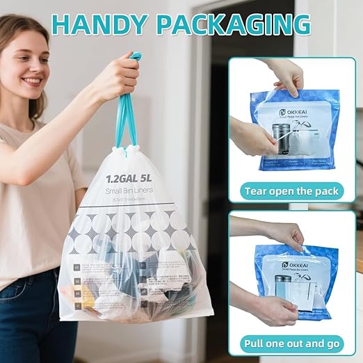 OKKEAI 1.2 Gallon Mini Drawstring Trash Bags, Small Bathroom Garbage Bags 5L – Leak-Proof Tear-Resistant Wastebasket Liners for Bathroom, Office 70 Count