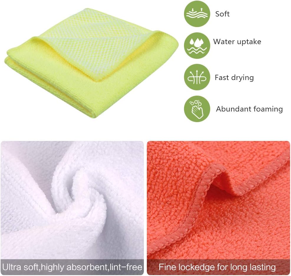 SINLAND 5 Color Assorted Microfiber Dish Cloth Towels Best Kitchen Cloths Cleaning Cloths with Poly Scour Side 12"x12" 5Pack (Pink+Blue+White+Yellow+Green)