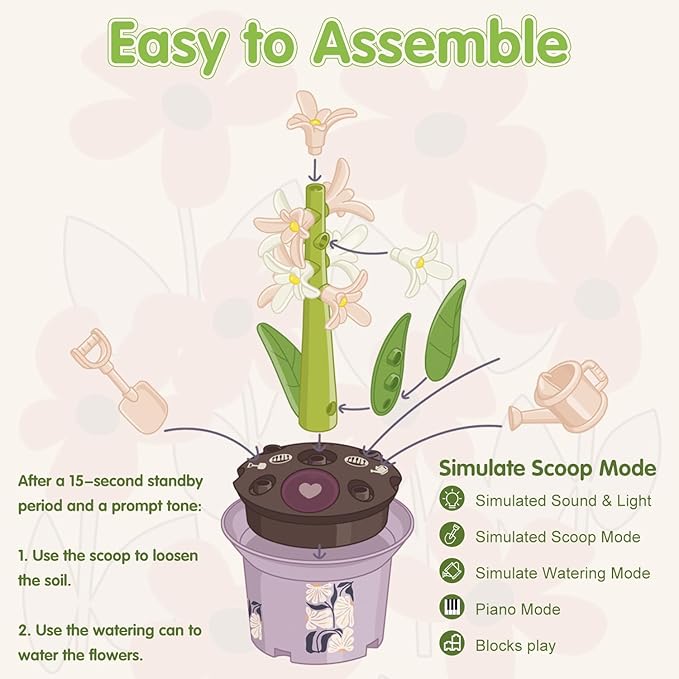 Musical Sunflower Piano Game Machine, Interactive Building Blocks Toy with Watering Can (Hyacinth)