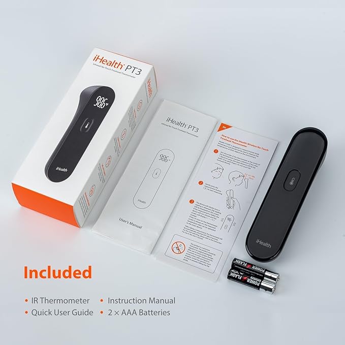 iHealth No-Touch Digital Forehead Thermometer for Adults, Babies, Kids - FSA HSA Eligible, 3 Ultra-Sensitive Sensors, Quiet Vibration Feedback, Large LED Digits, Easy to Use for Home, PT3 Black