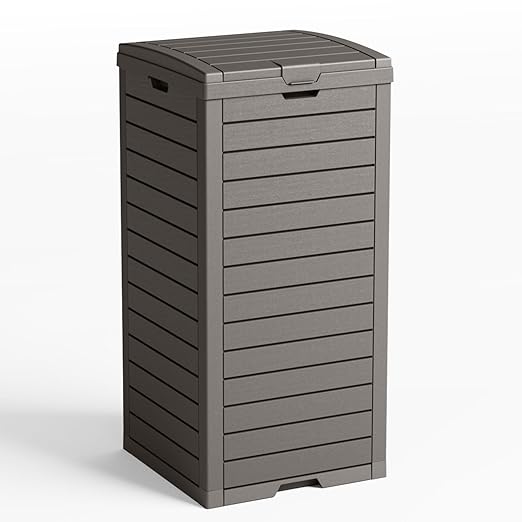 31 Gallon Outdoor Trash Can with Tiered Lid and Drip Tray,Waterproof Resin Waste Bin Indoor,Durable,Stylish,Lightweight Garbage Bin for Patio,Kitchen,Backyard and Office(Gray)