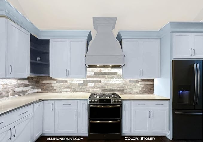 ALL-IN-ONE Paint, Durable cabinet and furniture paint. Built in primer and top coat, no sanding needed. Includes our 30 featured color card - Stormy (pastel blue), Quart