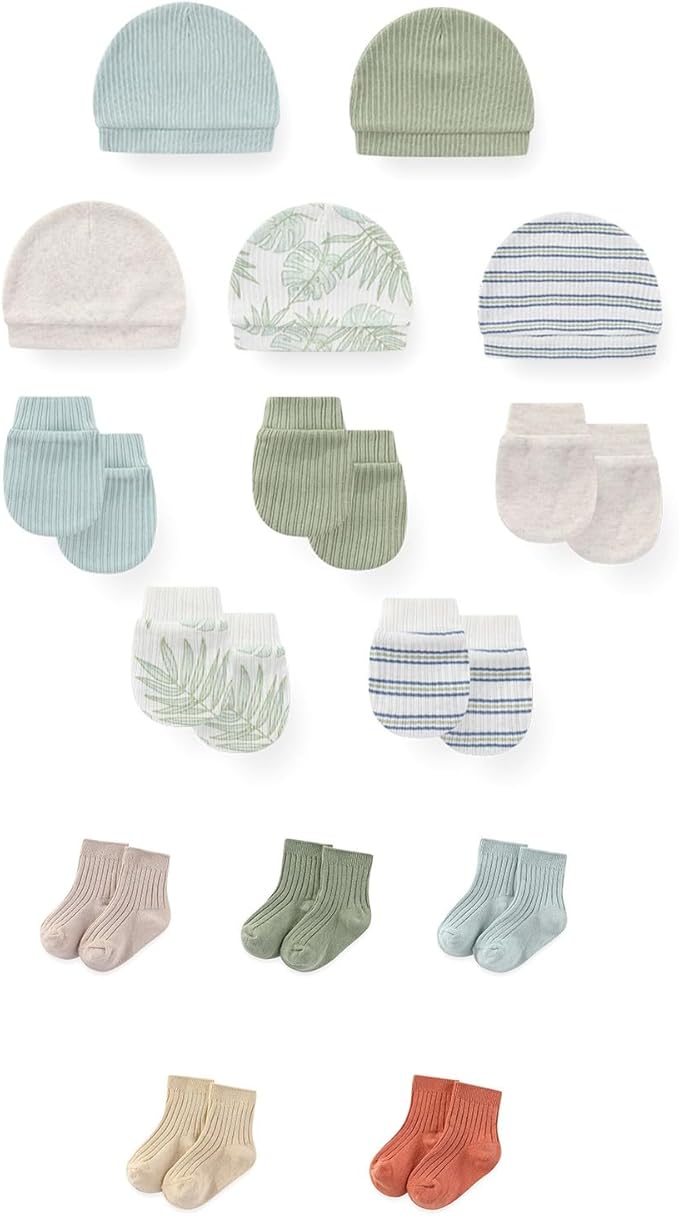 15 Pack Unisex New Born Boy Girls No Scratch Mittens Sets Cotton Soft Baby Gloves Hats socks Accessory 0-6 Months