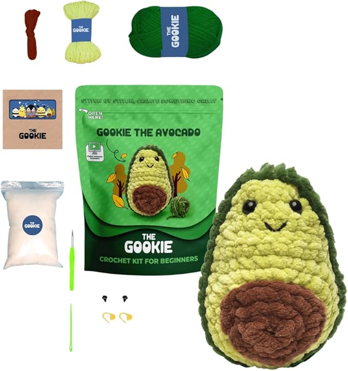 The Gookie Amigurumi Crochet Kit for Beginners – DIY Crochet Kit with Yarn, Hook, Eyes & Stuffing – Easy Starter Set with Video Tutorials – Cute Plush Toy Craft Gift for Kids, Teens & Adults (Avocado)