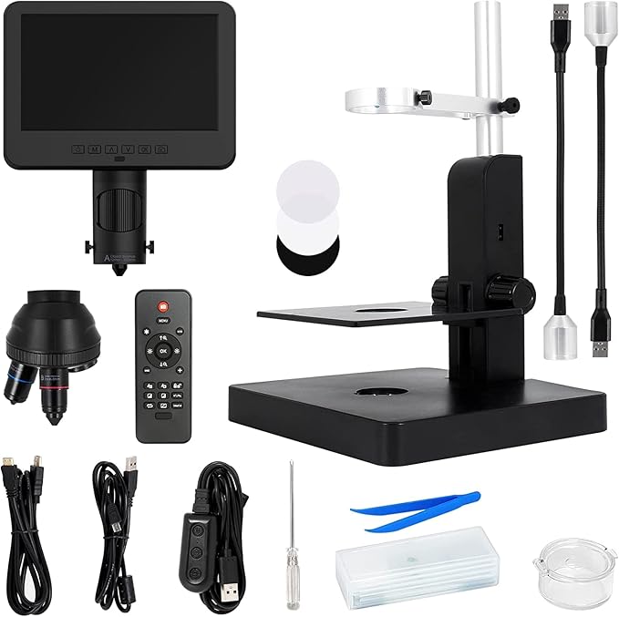 JL246PS 3 Lens 7'' HDMI Digital Microscope 4000X, Biological Microscope for Adults Kids with Prepared Slides, UHD 2160P Video, Full Coin Microscope for Error Coins, Windows Compatible, 32GB