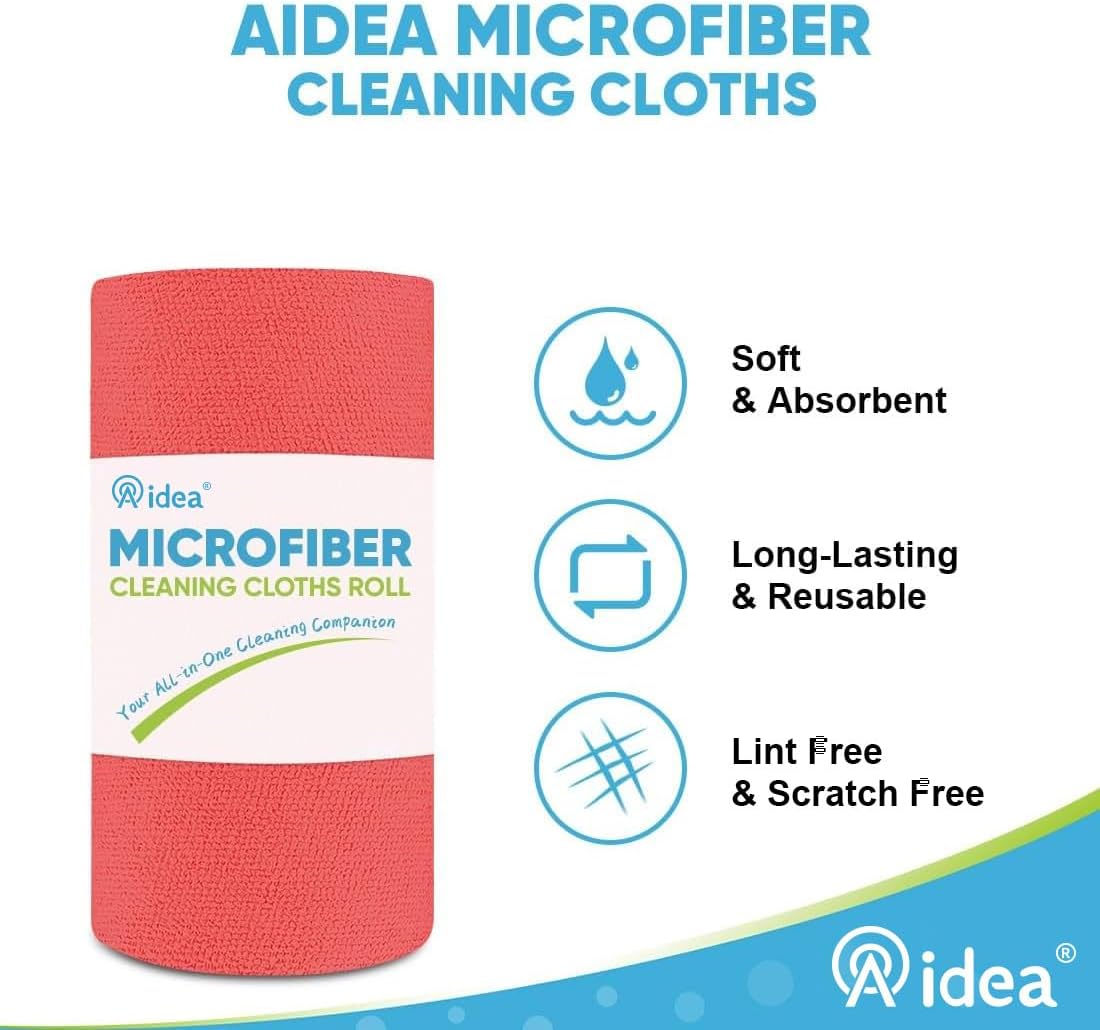 AIDEA Microfiber Cleaning Cloth Roll, 50PK Red, Reusable Paper Towels Tear Away Cloth, Microfiber Towels Washable Shop Rags, Lint Free Cleaning Rags for House, Kitchen, Window, 11.5"×11.5"