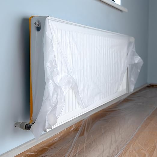 uxcell 2 Rolls Painters Plastic with Tape, 10 x 52 Ft Pre-Taped Masking Film Tape and Plastic Film Paint Plastic Covering Roll for Covering Skirting, Frames and Auto Body, Yellow/Clear