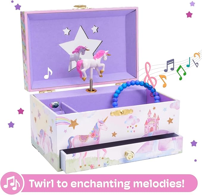 Jewelkeeper Jewelry Box for Girls with 1 Drawer - Unicorn Musical Jewelry Boxes, Beautiful Dreamer Tune, Spinning Unicorn Doll, Little Girl Music Box, Gifts for 5 Year Old Girls (Engineered Wood)