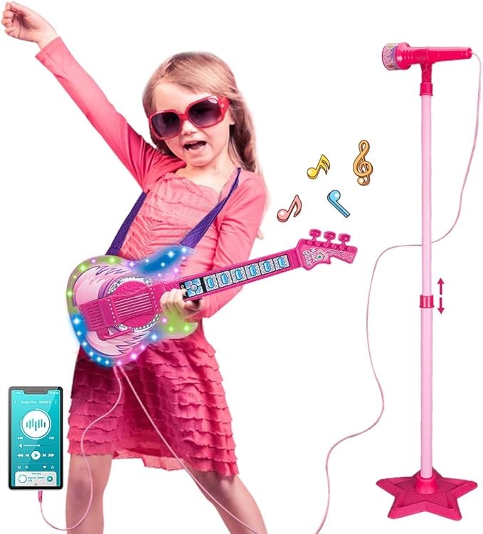 TAKIHON Guitar and Microphone Set for Kids,Guitar Toys with Music&Colorful Light,Adjustable Height Microphone with Stand,Karaoke Toys Gift for Boy,Girls,Toddlers(Red)-Upgraded