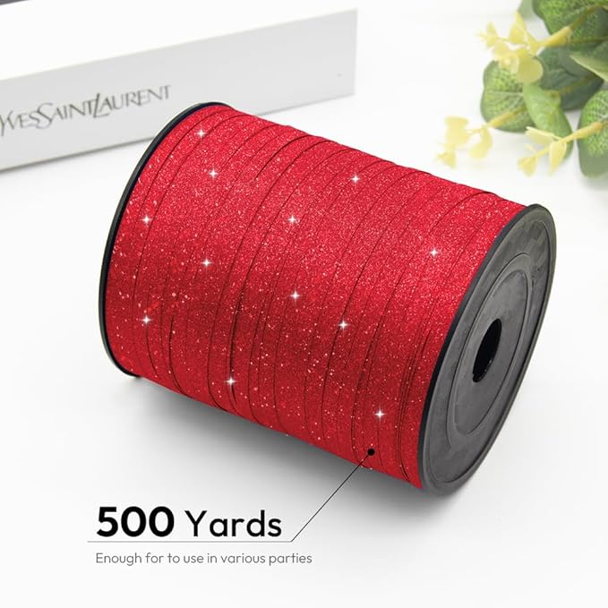 Red Glitter Curling Ribbon, 1/5" Wide x 500 Yards Christmas Curling Ribbons for Gift Wrapping, Party Decoration, Balloon String, Crafting, Balloon Ribbons for Florist Flower (1 Roll)