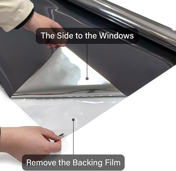 Kromapolis One Way Window Privacy Film Reflective Mirror Home Window Tint, Daytime Privacy Heat Control Anti UV Glass Tinting Static Cling (Black-Silver, 29.5 x 78.7 inch)