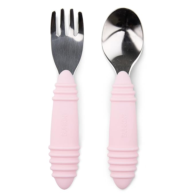 Bumkins Toddler Utensils, Kids Fork and Spoon Set, Silicone and Stainless-Steel Silverware, Angled Forks / Sporks for Self-Feeding, Children Training Flatware Cutlery for 18 Months Up, Pink