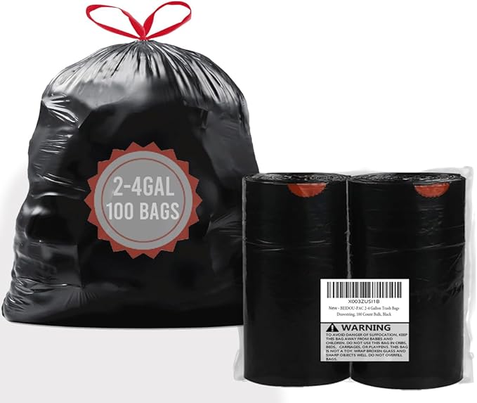 2-4 Gallon Trash Bags Drawstring, 100 Count Bulk, Black & Unscented Small Multi-purpose Garbage Bags for Business Home Bathroom Kitchen Commercial and Industrial